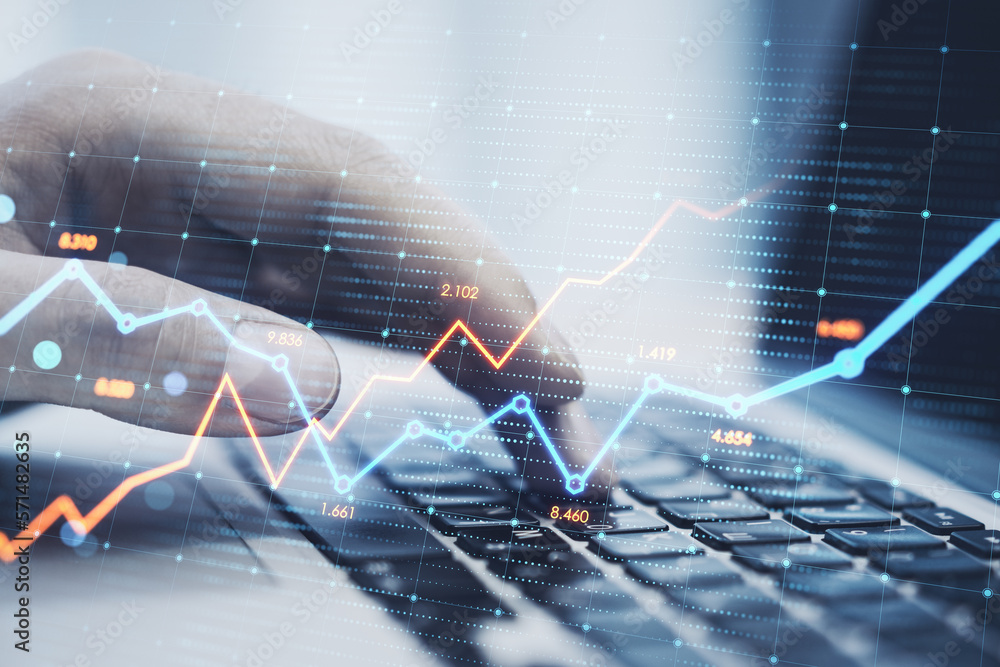 Poster close up of hand using laptop keyboard with glowing business chart on blurry background. stock, grow