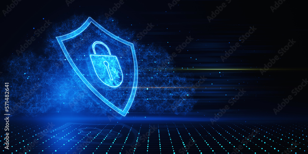 Aufkleber Safety protection and information privacy concept with digital padlock in shield on abstract dark background with technological virtual fog and space for advertising text. 3D rendering, mock up