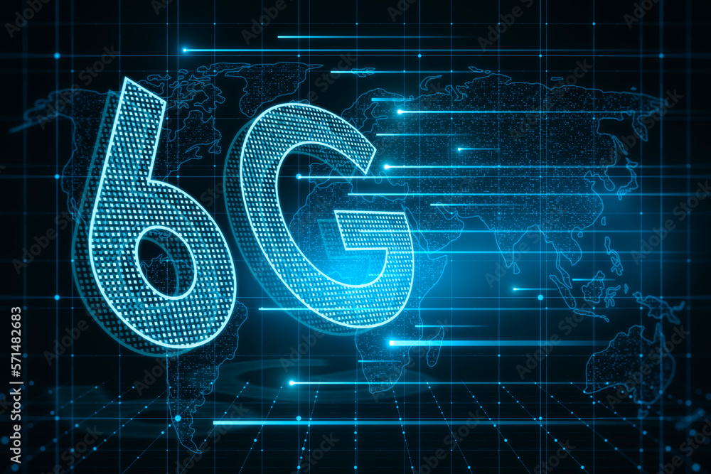 Aufkleber Wifi wireless internet connection and global network of high speed innovation data transfer speed technology concept with perspective view digital glowing 6g sign on world map background. 3D rendering