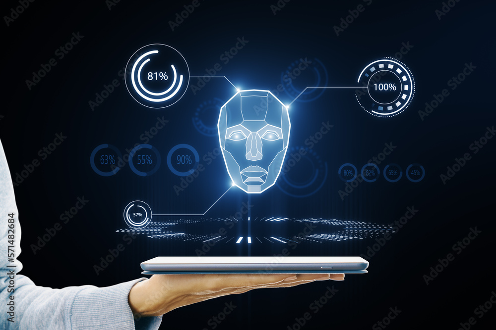 Poster AI system in hologram human head with HUD display elements. Artificial Intelligence for VR with tech shapes HUD, GUI, UI. Biometric technology, face recognition systems. Hand holding smartphone.