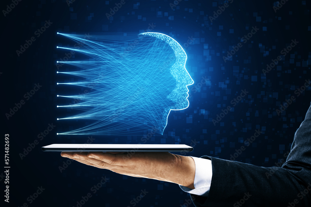 Poster close up of businessman hand holding mobile phone with abstract digital head hologram with line conn