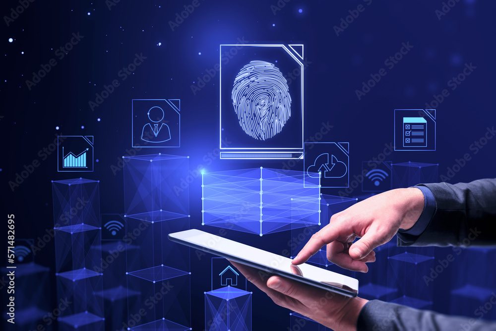 Poster Online biometric authorization and personal data security concept with man finger on digital tablet touch screen and virtual projection of fingerprint with social network icons on blue background