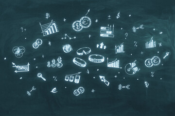 Creative financial business sketch on blurry blackboard background. Infographic, money, success and growth concept.