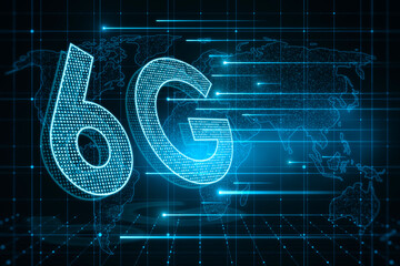 Wifi wireless internet connection and global network of high speed innovation data transfer speed technology concept with perspective view digital glowing 6g sign on world map background. 3D rendering