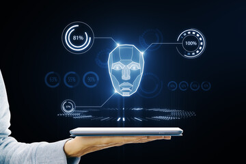 AI system in hologram human head with HUD display elements. Artificial Intelligence for VR with tech shapes HUD, GUI, UI. Biometric technology, face recognition systems. Hand holding smartphone.