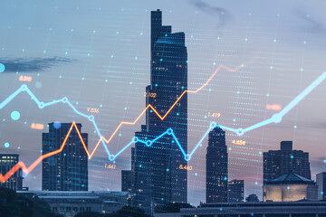 Creative glowing business chart on blurry city background. Stock, growth and financial graph concept. Double exposure.