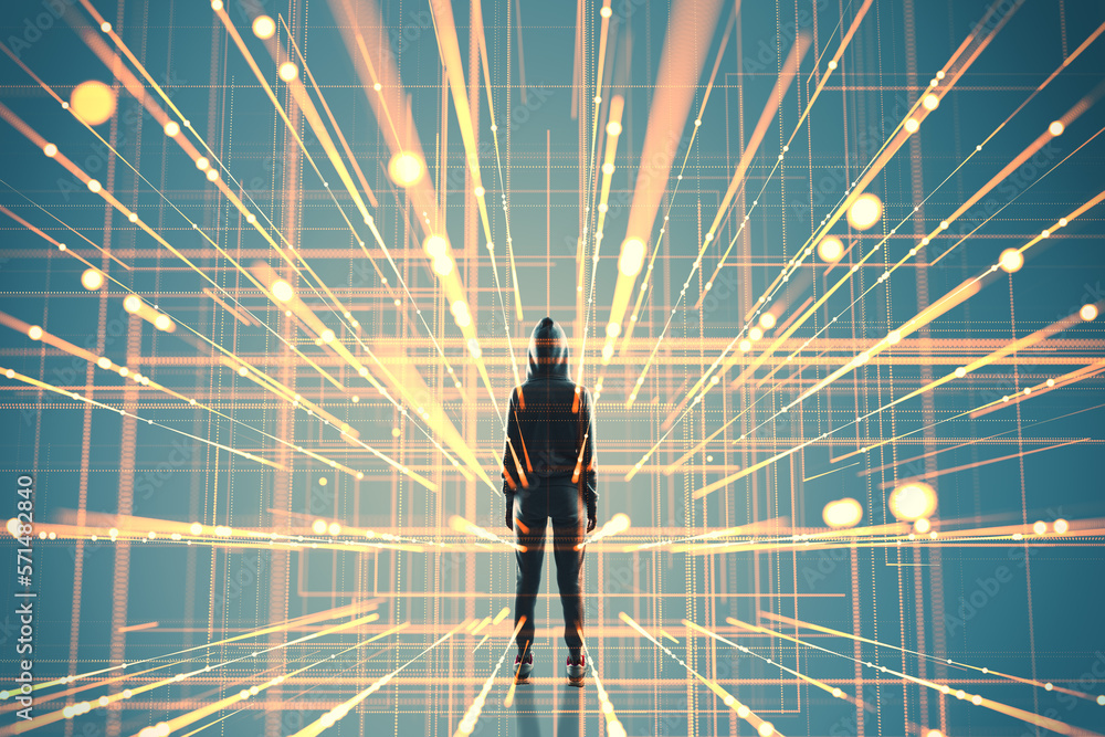 Poster metaverse and anonymous concept with human in hoody back view on abstract digital background with br