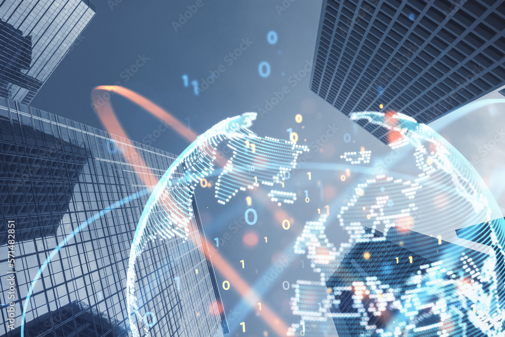 Poster Abstract globe sphere with coding and polygonal network on blurry city texture. Future, technology and digital world concept. Double exposure.