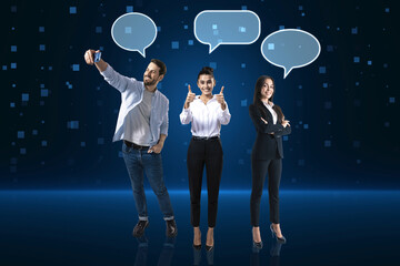 Business people with speech bubbles and devices standing together on blurry squares blue background. Technology, metaverse, teamwork and success concept.