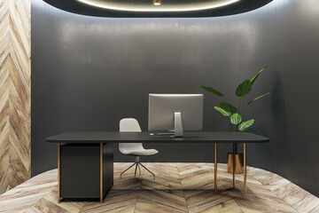 Clean office interior with wooden and concrete walls and floor, furniture and equipment. 3D Rendering.