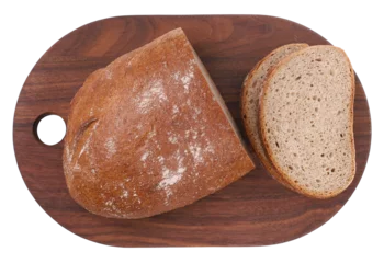 Papier Peint photo autocollant Boulangerie Sliced bread on a wooden board, top view, transparent background, close-up