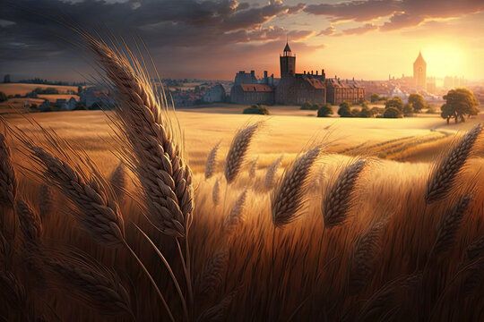 An image of a wheat field waving in the wind, with a peaceful village on the horizon and a setting sun illuminating everything, generative AI