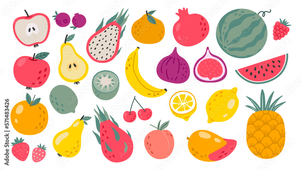 Wall mural hand drawn fruits. doodle natural tropical fruit, organic apple, vitamin lemon and citrus orange. ba