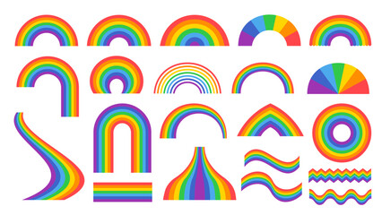 Rainbow colors. Spectrum stripes and waves, heaven arc and colors of LGBT community vector illustration set. Magic bright colorful elements of different shape for kids, abstract stickers