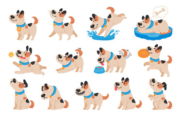 Cartoon dog. Active pet animal, cute puppy and dogs in different poses, running, jumping and sleeping character vector illustration set. Active and playful domestic pets spending leisure time
