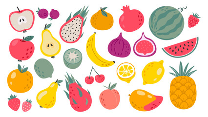 Hand drawn fruits. Doodle natural tropical fruit, organic apple, vitamin lemon and citrus orange. Banana, sweet peach and watermelon vector set. Healthy natural food, tropical ingredients