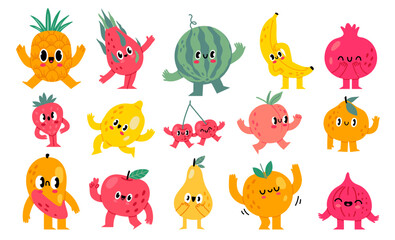 Doodle fruits and berries characters. Funny grocery food mascot with happy cartoon faces vector illustration set. Exotic and tropical food as dragon fruit, pineapple, mango with cheerful expressions