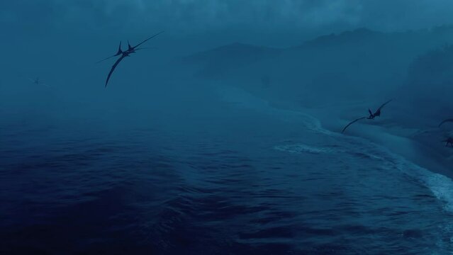 3D render animation of prehistoric flying Pterosaur reptile dinosaurs flying over the beach, mystic and gloomy atmosphere with cinematic flavor.