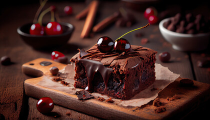 Chocolate brownie with cherries created with AI
