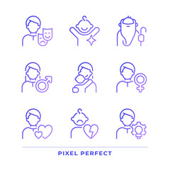 Personal characteristics pixel perfect gradient linear vector icons set. Anima and animus. Child, orphan. Thin line contour symbol designs bundle. Isolated outline illustrations collection