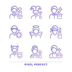 Personalities pixel perfect gradient linear vector icons set. Psychoanalytic theory. Archetypes. Psychology. Thin line contour symbol designs bundle. Isolated outline illustrations collection