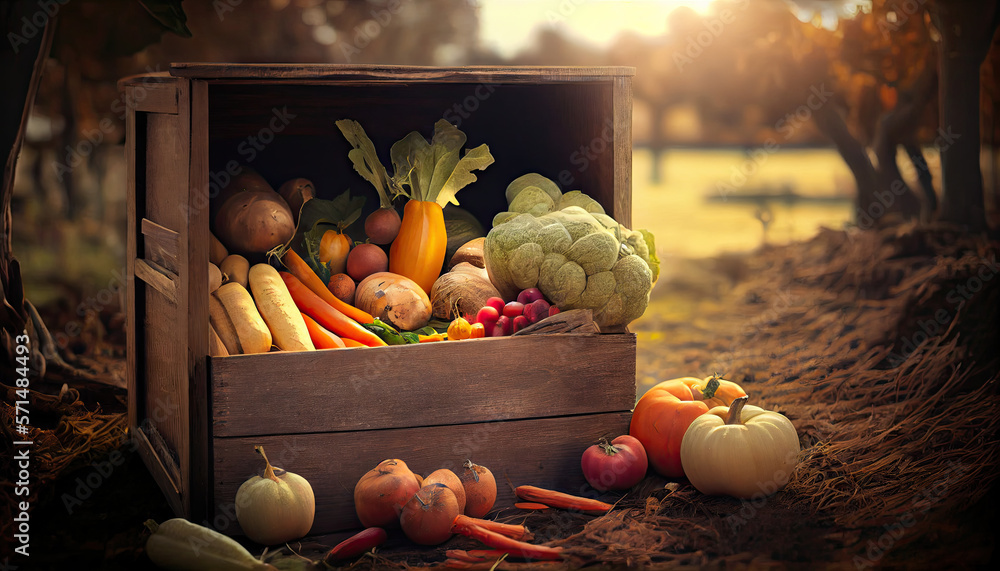 Wall mural Mix of organic vegetable in wooden box created with AI - Wall murals