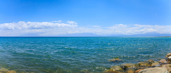 Beautiful Sayram Lake natural scenery in Xinjiang, China. Panoramic view.