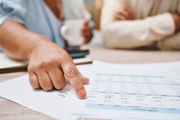 Finance, budget and couple hands for planning, paperwork and financial advisor review, analysis or...