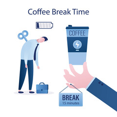 Tired businessman, colleague gives big mug of coffee. 15 minutes coffee break for employees. Male entrepreneur recharges low battery, charge of energy. Time management, office day