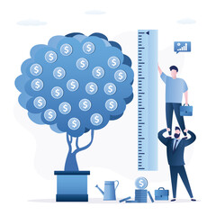 Businessmen have grown money tree. Company development performance metrics. Successful business people use ruler and measure financial indicators, analytics. Amount of income, size of earnings