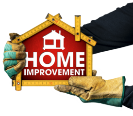Manual worker with protective work gloves holding a wooden folding ruler in the shape of a house with the text Home Improvement. Isolated on white or transparent background, png.
