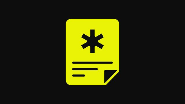 Yellow Medical clipboard with clinical record icon isolated on black background. Prescription, medical check marks report. 4K Video motion graphic animation