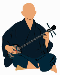 Illustration of old man playing Sanshin Okinawa - Japanese music instrument.