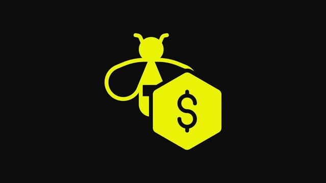Yellow Sale of bees icon isolated on black background. Sweet natural food. Honeybee or apis with wings symbol. Flying insect. 4K Video motion graphic animation
