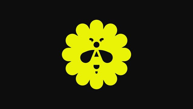 Yellow Bee on flower icon isolated on black background. Sweet natural food. Honeybee or apis with wings symbol. Flying insect. 4K Video motion graphic animation