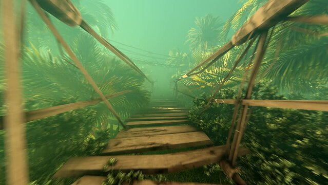 Traffic on the old bridge in the jungle