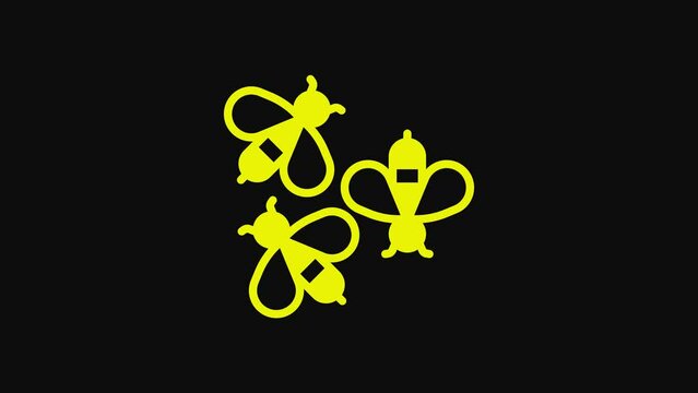 Yellow Bees icon isolated on black background. Sweet natural food. Honeybee or apis with wings symbol. Flying insect. 4K Video motion graphic animation