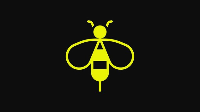 Yellow Bee icon isolated on black background. Sweet natural food. Honeybee or apis with wings symbol. Flying insect. 4K Video motion graphic animation