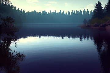 morning on the lake, forest, calm, desktop background, generative AI