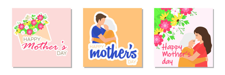 Set of card for Mother's Day. Square banner for holiday. Mother with child. Vector illustraiton.