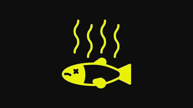 Yellow Dead fish icon isolated on black background. Rotten fish. 4K Video motion graphic animation