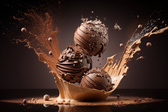 Balls of chocolate ice cream fall into splashes of hot chocolate