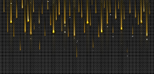 Falling down golden meteor rain, transparent background. Luxury holiday pattern with glitter sparkle shine. Isolated design greeting abstract frame template with vertical tinsel and glisten stardust.