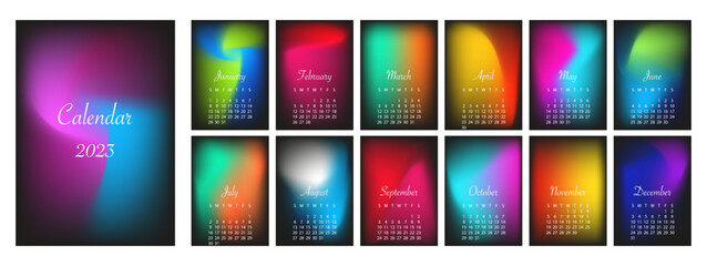 Vector calendar for 2023. With a color gradient on a black background. The week starts on Sunday.