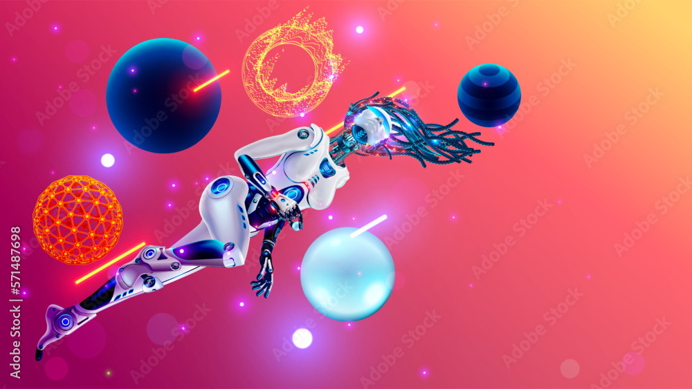 Poster Robot woman with AI flying in cyberspace world of metaverse. cyborg in virtual space of datum. Beautiful female robot. Artificial intelligence tech digital abstract conceptual banner. Retro futurism.