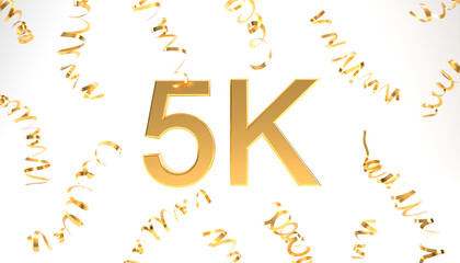 Golden 5k followers symbol with confetti for celebration 3d rendering. 