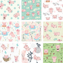 Set of hand drawn vector seamless patterns with pigs for fabric, wrapping paper, etc.