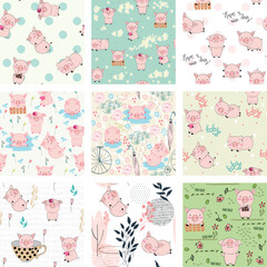 Fototapeta premium Set of hand drawn vector seamless patterns with pigs for fabric, wrapping paper, etc.