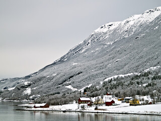 Fresh snowfall on village and landscape in Northern Norway