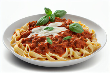 Traditional spaghetti bolognese isolated on white background, generative ai